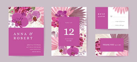 Boho wedding invitation card, vintage Save the Date tropical flowers, dried floral leaves, pampas grass templateのイラスト素材