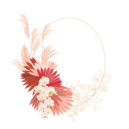 Boho floral wedding vector frame. Watercolor pampas grass, orchid flowers, dry palm leaves border templateのイラスト素材