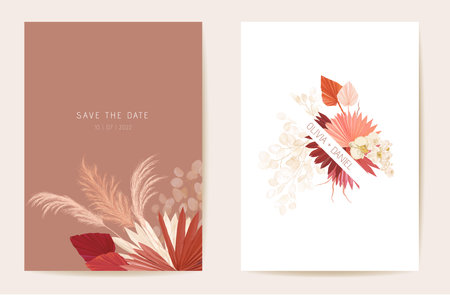 Watercolor orchid, pampas grass, lunaria floral wedding card. Vector exotic flower, tropical palm leaves invitationのイラスト素材