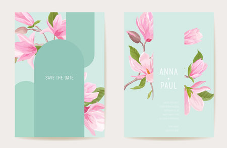 Wedding invitation boho magnolia flowers card. Modern floral frame set, minimal template vectorのイラスト素材