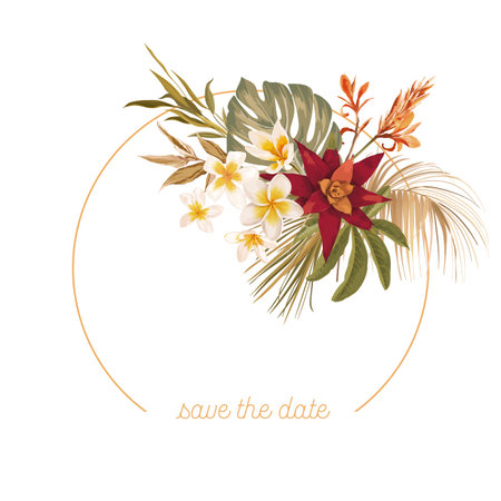 Boho floral wedding vector frame. Watercolor tropical flowers, orchid, dry palm leaves border templateのイラスト素材