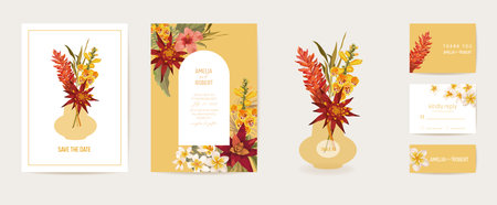 Modern minimal Art Deco wedding vector Invitation set. Boho orchid, tropical flowers, palm leaves card templateのイラスト素材