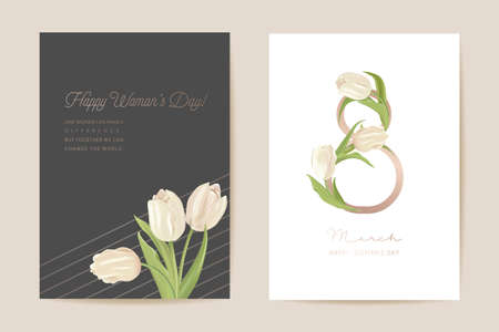Modern Woman day 8 March holiday card. Spring floral vector illustration. Greeting realistic tulip flowersのイラスト素材