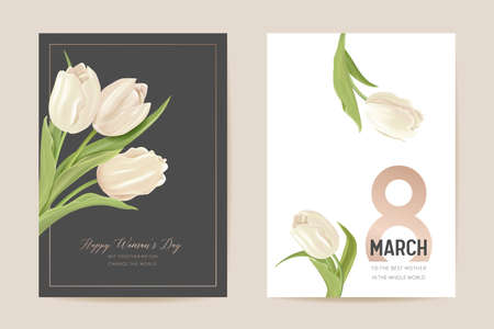 Woman day 8 March holiday card. Spring floral vector illustration. Greeting realistic tulip flowers templateのイラスト素材