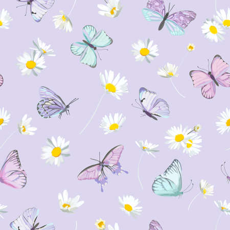 Watercolor daisy flowers and butterfly vector background. Seamless spring floral patternのイラスト素材