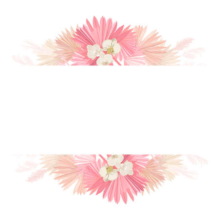 Watercolor floral wedding vector frame. Pampas grass, orchid flowers, dry palm leaves border templateのイラスト素材