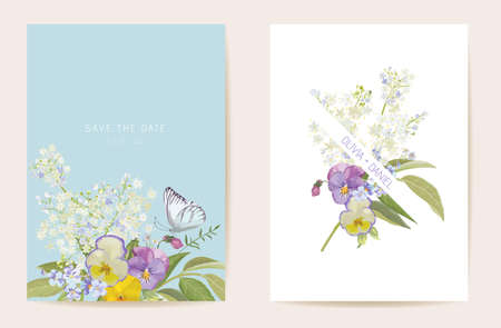 Watercolor violet pansy floral wedding card. Vector purple spring flowers invitation. Boho template frameのイラスト素材