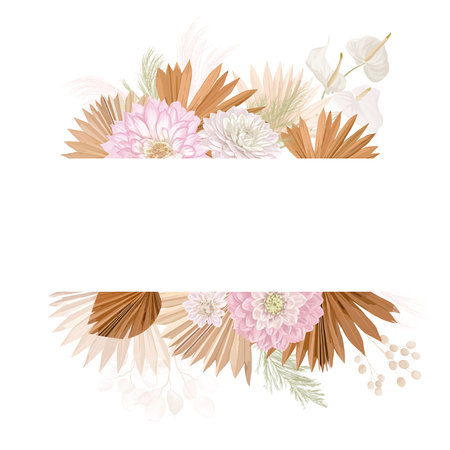 Watercolor floral wedding vector frame. Pampas grass, dalia flowers, dry palm leaves border templateのイラスト素材