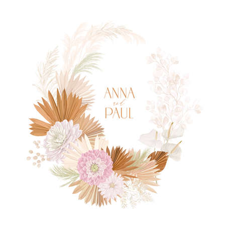 Wedding dried lunaria, dalia, pampas grass floral wreath. Vector Exotic dried flowers, palm leaves bohoのイラスト素材