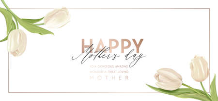 Modern Mother day holiday banner. Spring floral vector illustration design. Advertisement realistic tulipのイラスト素材