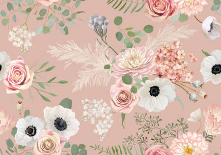 Seamless floral pattern, pastel dry flowers anemone, rose flower, eucalyptus leaves, pampas grassのイラスト素材