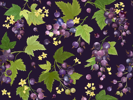 Watercolor black currant seamless pattern. Summer berries, fruits, leaves, flowers backgroundのイラスト素材
