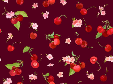 Watercolor cherry seamless pattern. Summer berries, fruits, leaves, flowers backgroundのイラスト素材