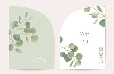 Wedding realistic eucalyptus, green leaf branches floral Save the Date set. Vector leaves greenery boho cardのイラスト素材