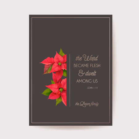 Realistic Poinsettia 3d Flowers Winter Card, Merry Christmas Vector Greetings. New Year Holiday Party Invitationのイラスト素材