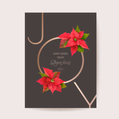 Realistic Poinsettia 3d Flowers Winter Card, Merry Christmas Vector Greetings. New Year Holiday Party Invitationのイラスト素材