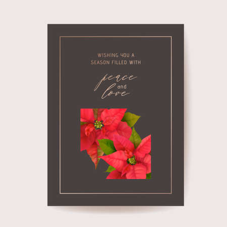 Realistic Poinsettia 3d Flowers Winter Card, Merry Christmas Vector Greetings. New Year Holiday Party Invitationのイラスト素材
