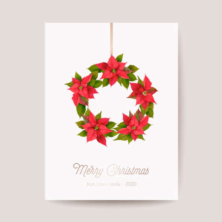 Realistic Poinsettia 3d Flowers Winter Card, Merry Christmas Vector Greetings. New Year Holiday Party Invitationのイラスト素材