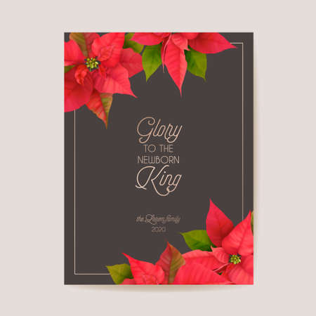 Elegant Merry Christmas and New Year Card with Poinsettia Realistic Flowers, Floral Wreathのイラスト素材