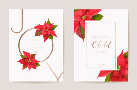Poinsettia Realistic Vector Christmas Card Set, Floral Happy New Year Illustration. Mistletoe Frame Designのイラスト素材
