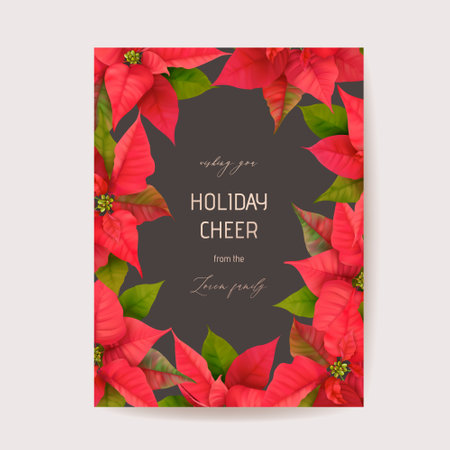 Poinsettia Winter Floral Card, Christmas Vector Wedding Invitation. Holiday Party greeting banner templateのイラスト素材