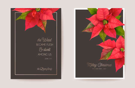 Set of Elegant Merry Christmas and New Year Card with Poinsettia Realistic Flowers, Floral Wreathのイラスト素材