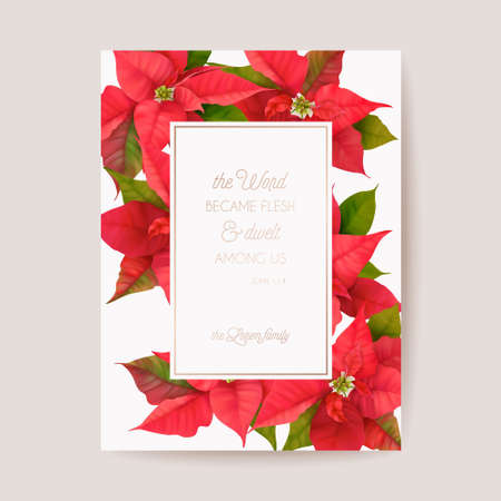 Poinsettia Winter Floral Card, Christmas Vector Wedding Invitation. Holiday Party greeting banner templateのイラスト素材