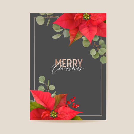 Realistic Poinsettia 3d Flowers Winter Card, Merry Christmas Vector Greetings. New Year Holiday Party Invitationのイラスト素材