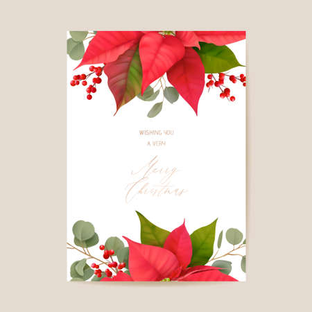 Poinsettia Winter Floral Card, Christmas Vector Wedding Invitation. Holiday Party greeting banner templateのイラスト素材