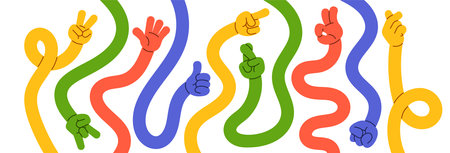Comic flexible colorful long hands showing different gesture design elements in groovy hippie styleのイラスト素材