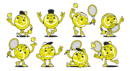 Comic tennis ball characters with anthropomorphic face demonstration different emotions and actionsのイラスト素材