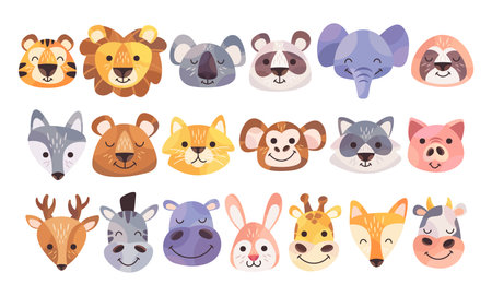Cute animals avatars cartoon characters set with heads and faces of forest, zoo, farm habitantsのイラスト素材