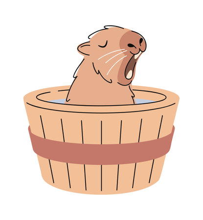 Capybara bathing inside wooden tubのイラスト素材