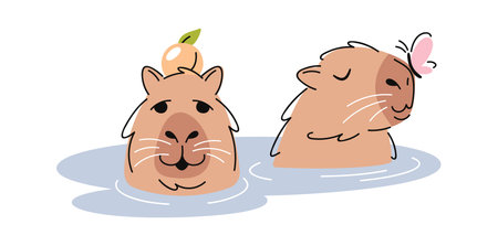 Capybara couple swimming hand drawnのイラスト素材