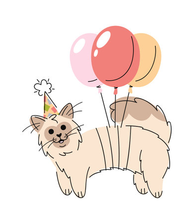 Birthday cat wrapped festive balloonsのイラスト素材