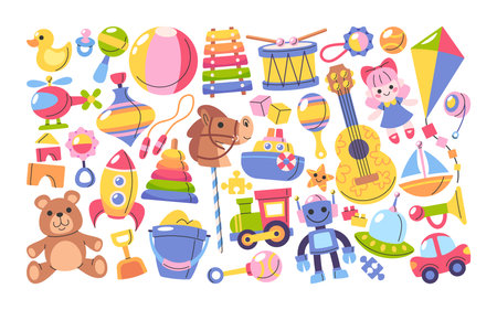 Cartoon toys for kids colorful design elements isolated set for game, development and fun recreationのイラスト素材
