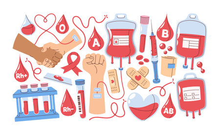 Blood donor cartoon set with urgency medical supplies for treatment, plasma bags to save human livesのイラスト素材