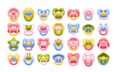 Baby pacifier cartoon set with cute design made of plastic and silicon to calm down newborn child