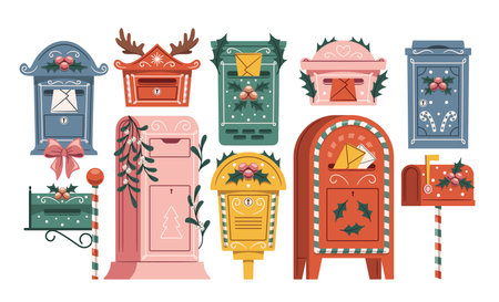 Christmas mailboxes decorated with traditional ornaments to delivery greeting card, wish listのイラスト素材