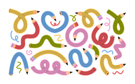 Flexible twisted pencils drawing tools with whimsical form and shapes colorful hand drawn setのイラスト素材