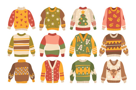 Warm knitted and woolen sweaters set with trendy fashion winter autumn prints and Christmas patternsのイラスト素材