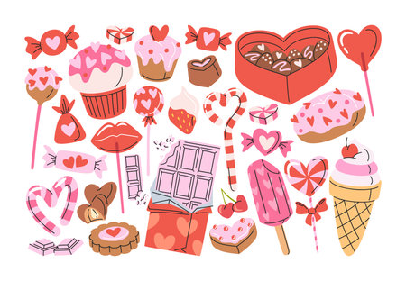 Delicious Valentines day sweets and treats like chocolates, candies, and lollipops hand drawn setのイラスト素材