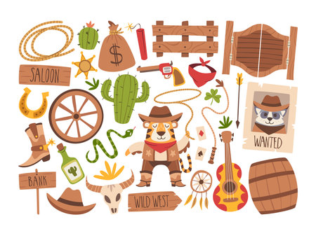 Brave tiger cowboy character, raccoon bandit wanted photo and wild west elements isolated setのイラスト素材