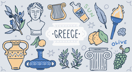 Retro composition of antique Greek elements featuring ancient columns, amphora, olives and grapesのイラスト素材