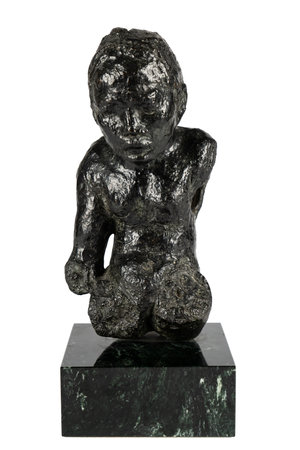 Bronze figurine of a boy, isolated on a white backgroundの写真素材