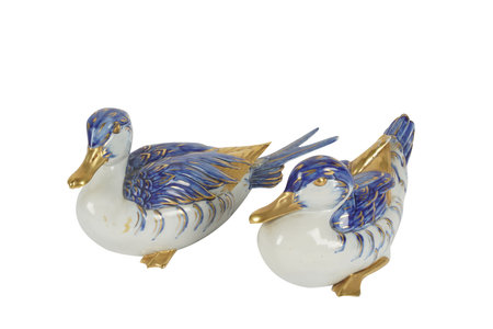 Two ceramic ducks isolated on a white background, clipping path included.の写真素材