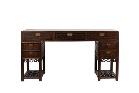 Wooden desk isolated on a white background. Clipping path included.の写真素材