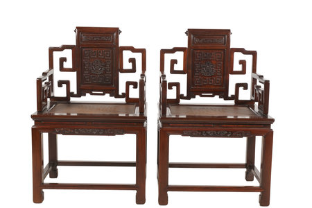 Thai wooden chair isolated on white background, clipping path included.の写真素材