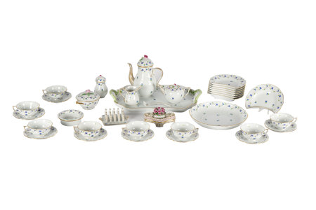Antique porcelain tea set isolated on white background with clipping pathの写真素材