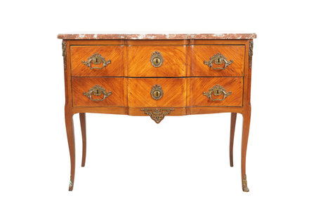 Wooden antique chest of drawers isolated on white background with clipping pathの写真素材